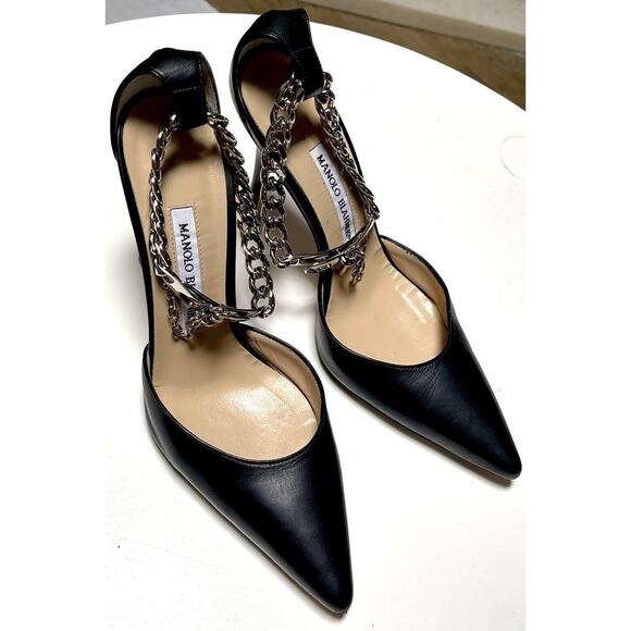 Manolo Blahnik Black Leather Silver Dagger Lock Chain D'Orsay Pumps Heels Italy - Picture 10 of 15